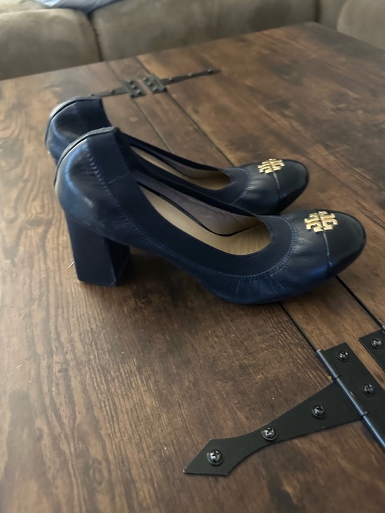 Tory Burch Shoes - Tory Burch Navy Leather Block Heel Pumps with Gold Logo